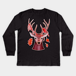 Deer and Cardinal Bird at Fall Kids Long Sleeve T-Shirt